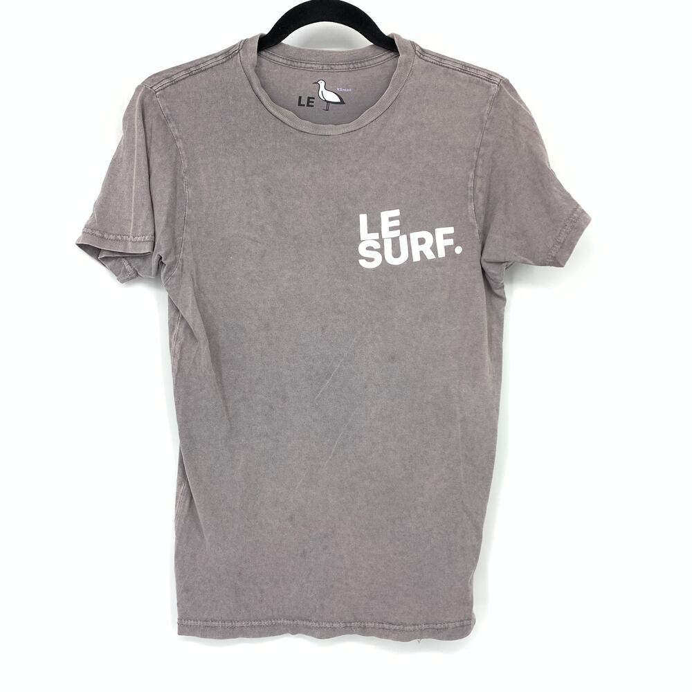 LE Surf Shirt Womens XS Gray Mineral Wash White Text Graphic Ribbed Crew Neck